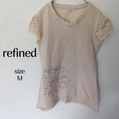 リファインド Tシャツ レース袖 花柄プリント Mサイズ ベージュ 半袖