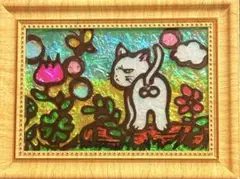 白猫ステンドグラスガラス絵の具金運開運絵画ハンドメイドアートイラスト沖縄風景画