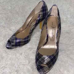 美品　銀座かねまつ チェック柄　ヒールパンプス　23 オープントゥ