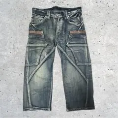 デニムパンツ　立体ポケット ジップデザイン 牛革　グランジ　ライダース　y2k