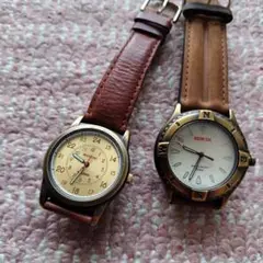 稼動品　２本セット　エドウインとマルマン ブラウンレザー アナログ腕時計