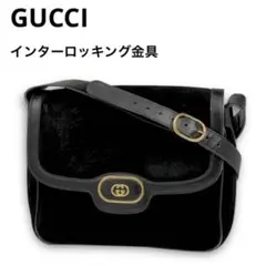 GUCCI インターロッキング GG金具 スエード ショルダーバッグ黒×ゴールド