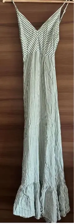 ストライプ柄ロングワンピース（グリーン）　リゾートワンピ