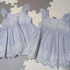 水色ストライプ刺繍ワンピース2着セット　80サイズ　双子