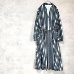 アズノウアズ　シャツワンピース　ロング　長袖　ストライプ　白黒　Vネック　春夏秋