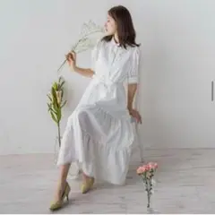 美品✨クイーンズコート レースドッキングシャツワンピ ティアード ホワイト 2