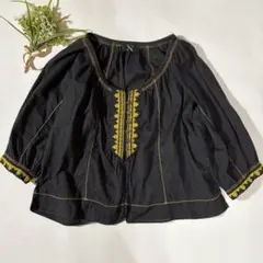 RNA-N 刺繍 ブラウス 黒　黄 七分袖 ゆったり コットン エスニック