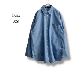 美品【ZARA】ザラ　メンズ長袖シャツ　ストライプ　ブルー　サラサラ　綿混　XS
