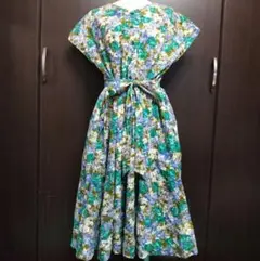vintage 70s 花柄 リボン ロングワンピース 膝下 レトロ ボタン