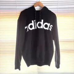 adidas 黒 ロゴ入り フード付きパーカー