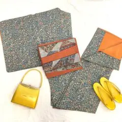 【2139】着物 小紋 袷 正絹 緑 唐花 単品販売♪