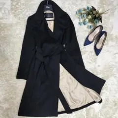 【カシミヤ混】イネド INED ロングトレンチコート 7号 S ベルテッド 黒