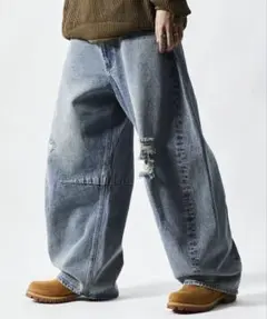 FREAK’S STORE ワイドシルエット カーブ デニムパンツ ネイビーM
