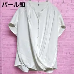 ノンブランド☆パールボタン とろみ 半袖ブラウス スキッパー ホワイト L