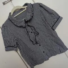 アンミール　フリル付き黒白ギンガムチェック半袖シャツ