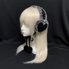 耳当て イヤーマフ ハンドメイド 編み物 手編み ハート ブラック　グランジ