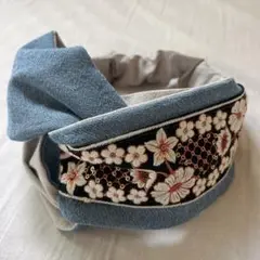 a62 ブルー　グレー　インド刺繍リボン　クロス　ターバン　ハンドメイド