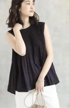 アクータ ACUTA ドット プリーツ フレンチ ブラウス ネイビー
