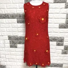 美品【ANNE KAELIE】花柄レース ノースリーブ ワンピース S赤華やか