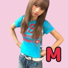 Tシャツ M ピチT y2k ブルー グランジ ギャル KISS 平成 青 半袖
