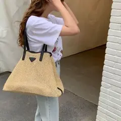 レザーメッシュトートバッグ　ブラック　カゴバッグ　黒
