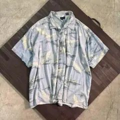 7TSM1【HARBOR BAY】総柄　半袖シャツ　水色　シルク混　古着used