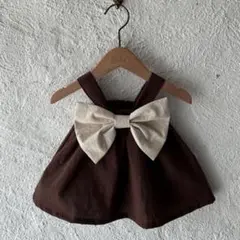 【新品】ベビー服　セットアップ　ブラウン　リボン付きノースリーブ　90cm