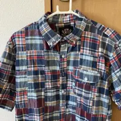 半袖パッチワーク　チェックシャツ　ボタンダウン　Mサイズ