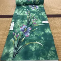 緑色 花柄 絹 浴衣反物 12m