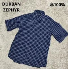 DURBAN ZEPHYR 麻100%半袖シャツ　チェック柄　ネイビー