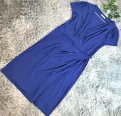 Merdel'or Vネック フレンチスリーブ フレアワンピース ブルー L