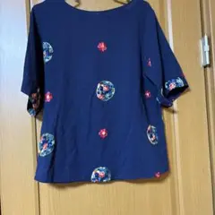 meinire ネイビー刺繍五分袖トップス