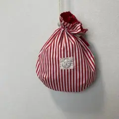 可愛い斜め巾着　赤白のストライプ