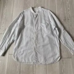 UNIQLO リネン 53％ バンドカラー 長袖シャツＬ ストライプ 白