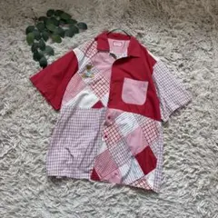 6102❃カールヘルム❃パッチワーク半袖シャツ/ベア刺繍/チェック/ロゴ/レッド