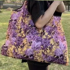 【新品未使用】折り畳み収納式　黄色×紫の大きい花柄エコバッグ