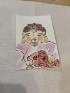 福の神と鯉の水彩画 はがきサイズ