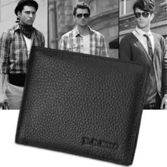 新品✨本革　二つ折り財布　コンパクト　メンズ　黒　ブラック　ミニ財布　薄い
