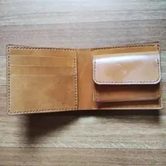 【在庫処分】二つ折り財布 小銭入れあり ヌメ革 牛革 キャメル ハンドメイド