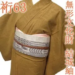 結城紬 着物 無形文化財 80亀甲 黄茶色 茨城県 裄63 M 中古 sn373