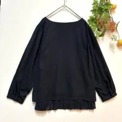 【千趣会】トップス　シフォンブラウス　長袖　裾プリーツ　ネイビー　大きめLL