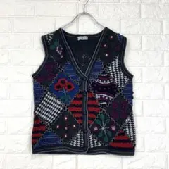 BRAND é DONNA【F】濃グレー系 ベスト パッチワーク 刺繍 カラフル