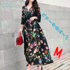 【新品】花柄 ワンピース ロング 黒 インポート 海外製 Mサイズ 韓国女子