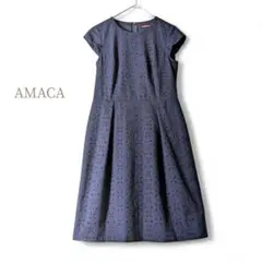 AMACA／オケージョンにも◎華やか総刺繍 きれいめ膝丈ワンピース ネイビー濃紺