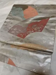 お上品 作り帯 扇柄 白銀