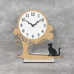 猫が見上げる月　木のデザイン置時計／掛け時計