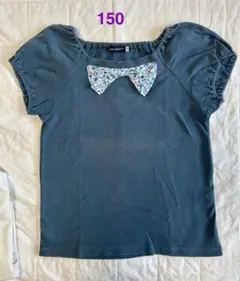 BeBe べべ★胸元花柄リボン付き Tシャツ150ブルーグレー
