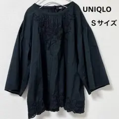 UNIQLO　黒コットンエンブロイダリーブラウス　7分袖　サイズS
