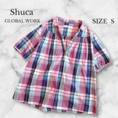 シュカ グローバルワーク 半袖シャツ 襟付きVネック チェック柄 ゆったり 春夏