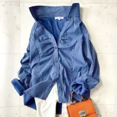 極美品 ナラカミーチェ 大きいサイズ３ XL 青ストライプ 伸縮 ギャザーシャツ